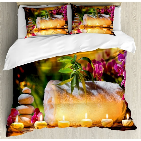 Spa Duvet Cover Set, Classic Relaxing Day Joy in the Garden Romantic Candles and Orchids, Decorative 3 Piece Bedding Set with 2 Pillow Shams, Queen Size, Purple White and Green, by Ambesonne