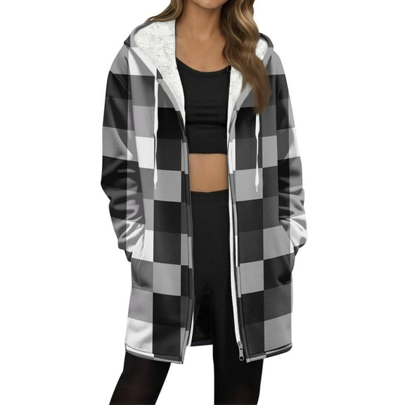 FDGIU Women's Plaid Fleece Coat - Sherpa Lined Plus Size Warm Winter Zip Up Outerwear for Cold Weather