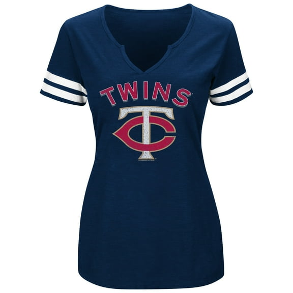 Women's Majestic Navy/White Minnesota Twins Decisive Moment V-Notch T-Shirt