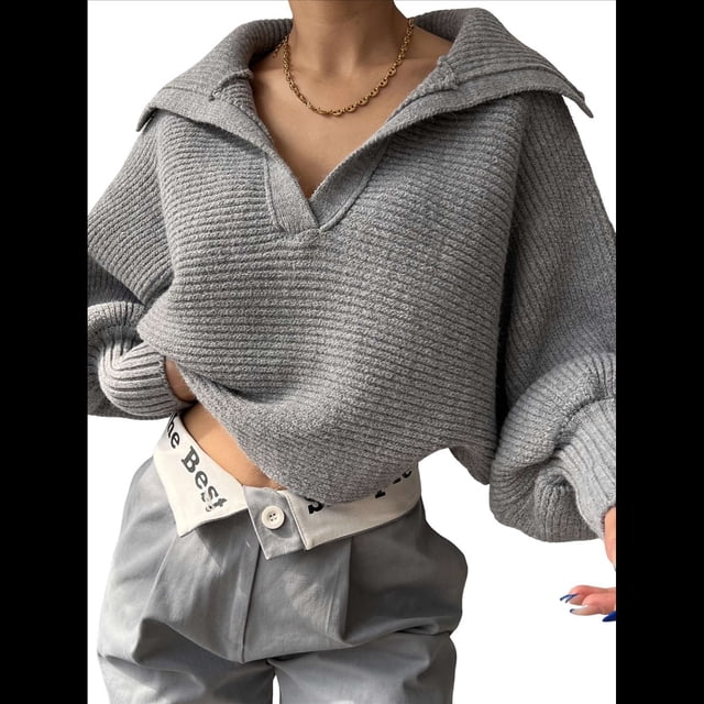 Suéteres de Larga para Mujer, Suéter Ajustado y Elástico de Gran Tamaño, Jersey de Punto Acanalado de Color Liso. Gris M