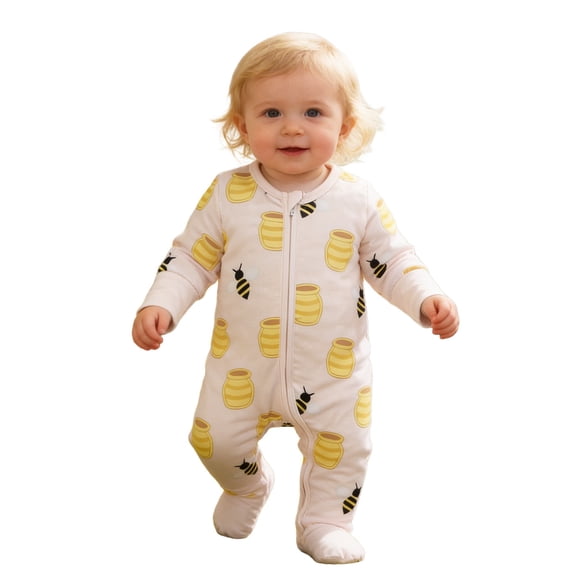 Tisuna Fall Romper For Infant Girls Cartoon Bee Print Long Sleeve Crewneck Zipper Bodysuit Fashion Soft Newborn Casual Wear Jumpsuit Size 6-12 Months