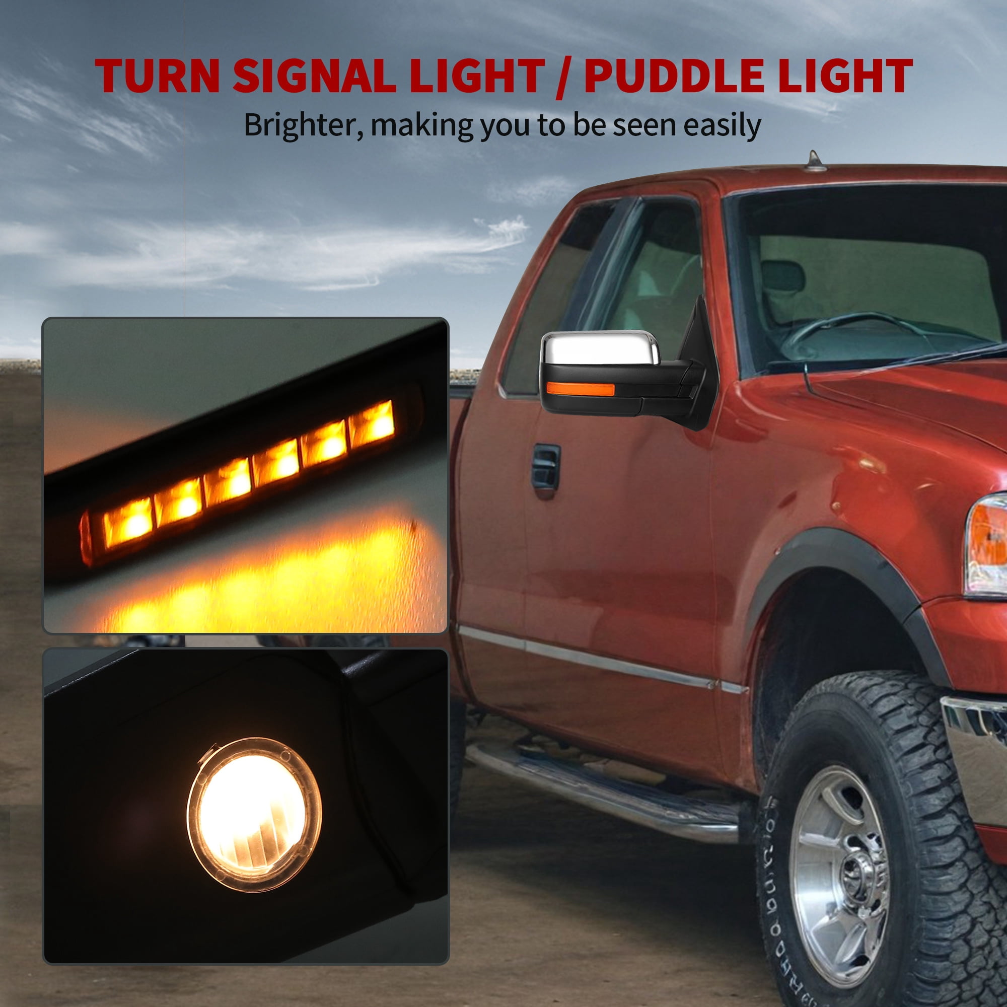 LEDKINGDOMUS Power Heated Right Passenger Side Mirror with Puddle Light & Turn Signal Compatible with Ford F150 2004 2005 2006 2007 2008 2009 2010 2011 2012 2013 2014 Chrome