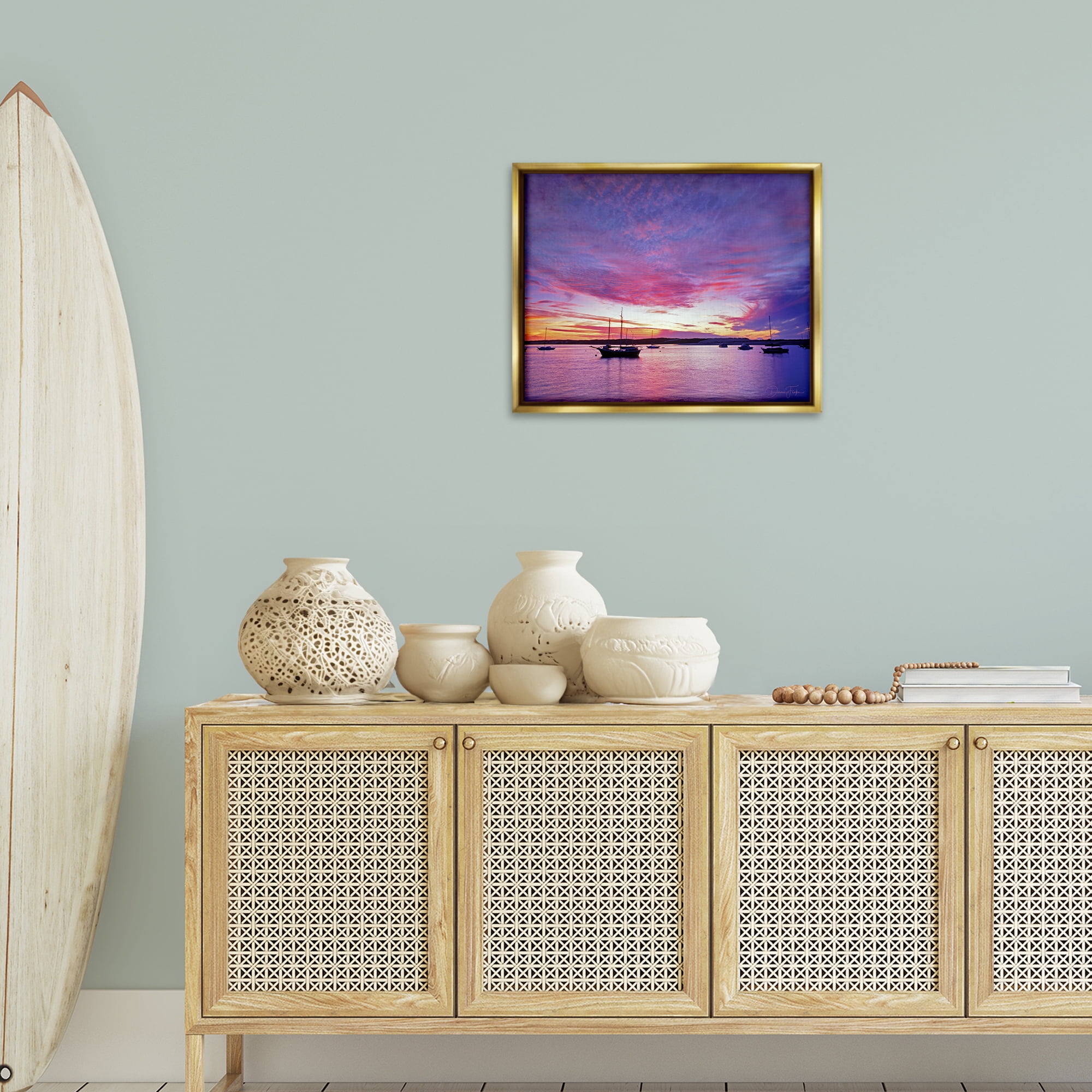 Stupell Industries Distant Boats at Sunset Transportation Photography Gold Floater Framed Canvas Art Print Wall Art, 21 x 17