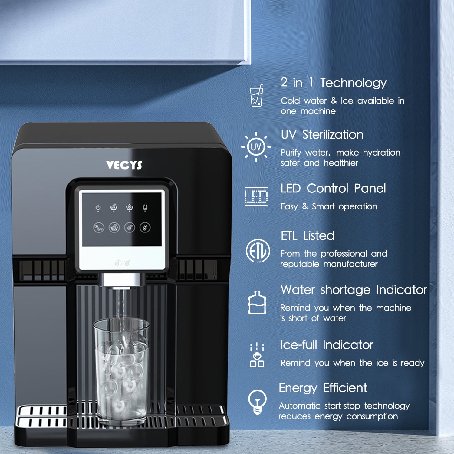 VECYS Countertop Cold Water Cooler with Ice, 18LB Daily Ice Production and Bottleless