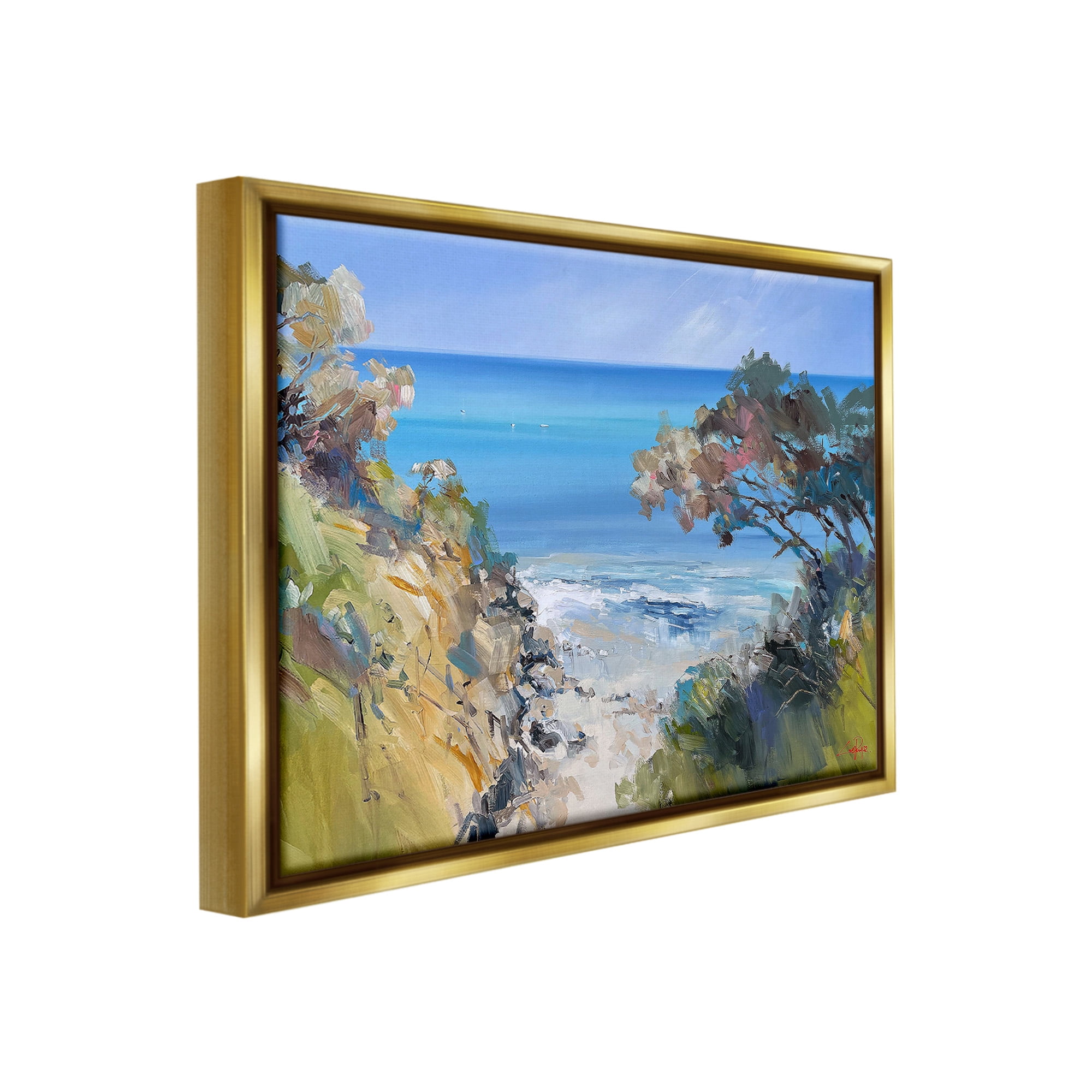 Stupell Industries Beach Cliffs Abstraction Landscape Painting Gold Floater Framed Canvas Art Print Wall Art, 31 x 25
