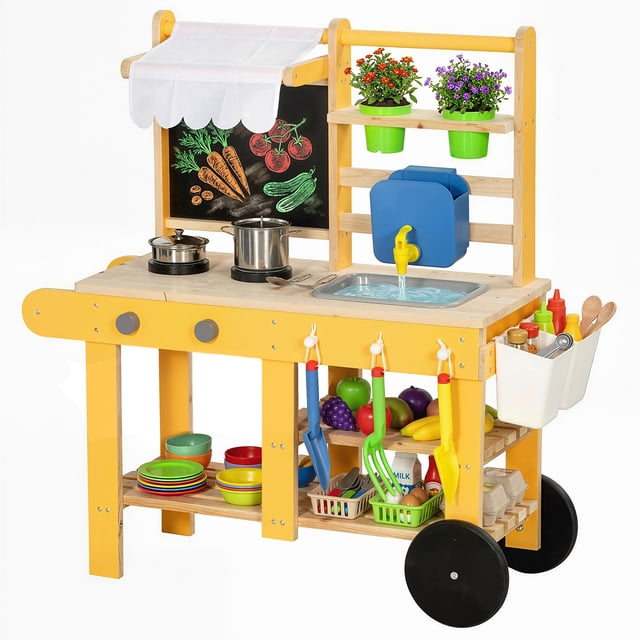 Qaba Cuisine de Boue avec Roues, Évier, Cuisinière, Tablette et Tableau Noir, Jaune