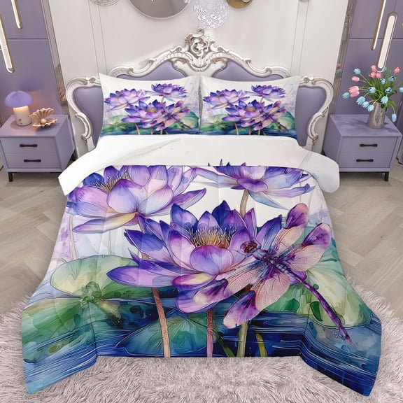 Homewish Purple Rustic Lotus Bedding Comforter Set,Flying Dragonfly Twin Comforter Sets,Country Flower Floral Bedding Set For Girls Kids,Super Cozy Room Decor,2-Piece