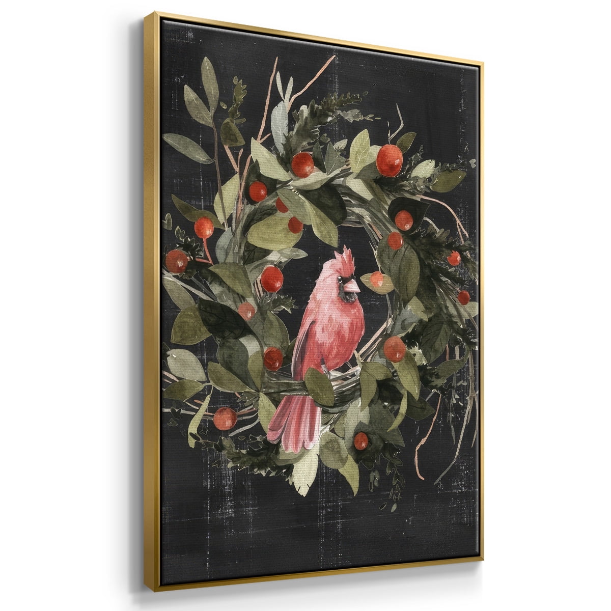 Christmas Cardinal II - Framed Gallery Wrapped Holiday Canvas - 27 x 41 - Gold Frame