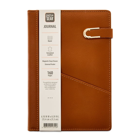 Pen+Gear Upscale Leatherette Journal, Brown Color, Magnetic Gold Metal Closure, Medium Size