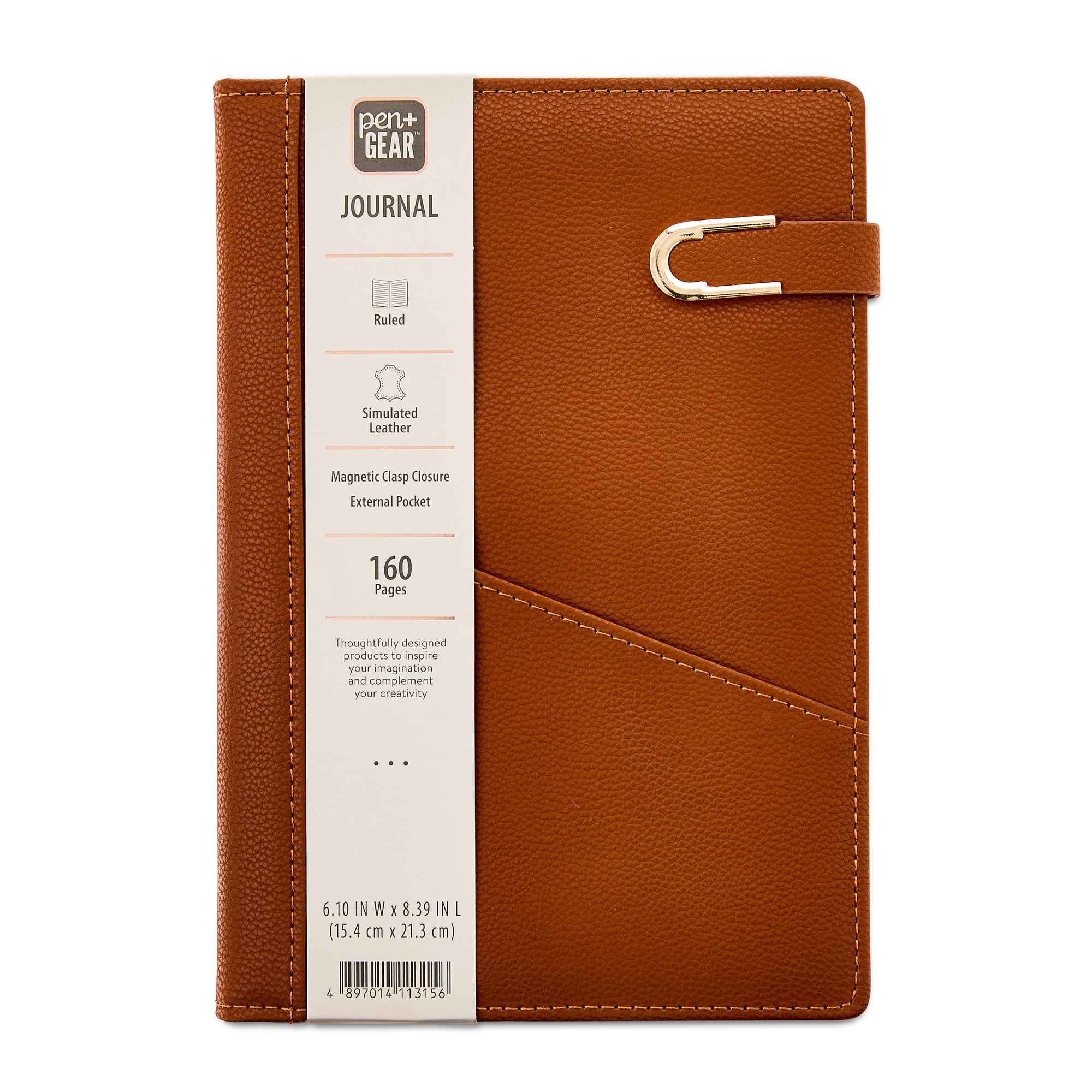 Pen+Gear Upscale Leatherette Journal, Brown, Magnetic Gold Metal Closure, 6 in x 8.4 in