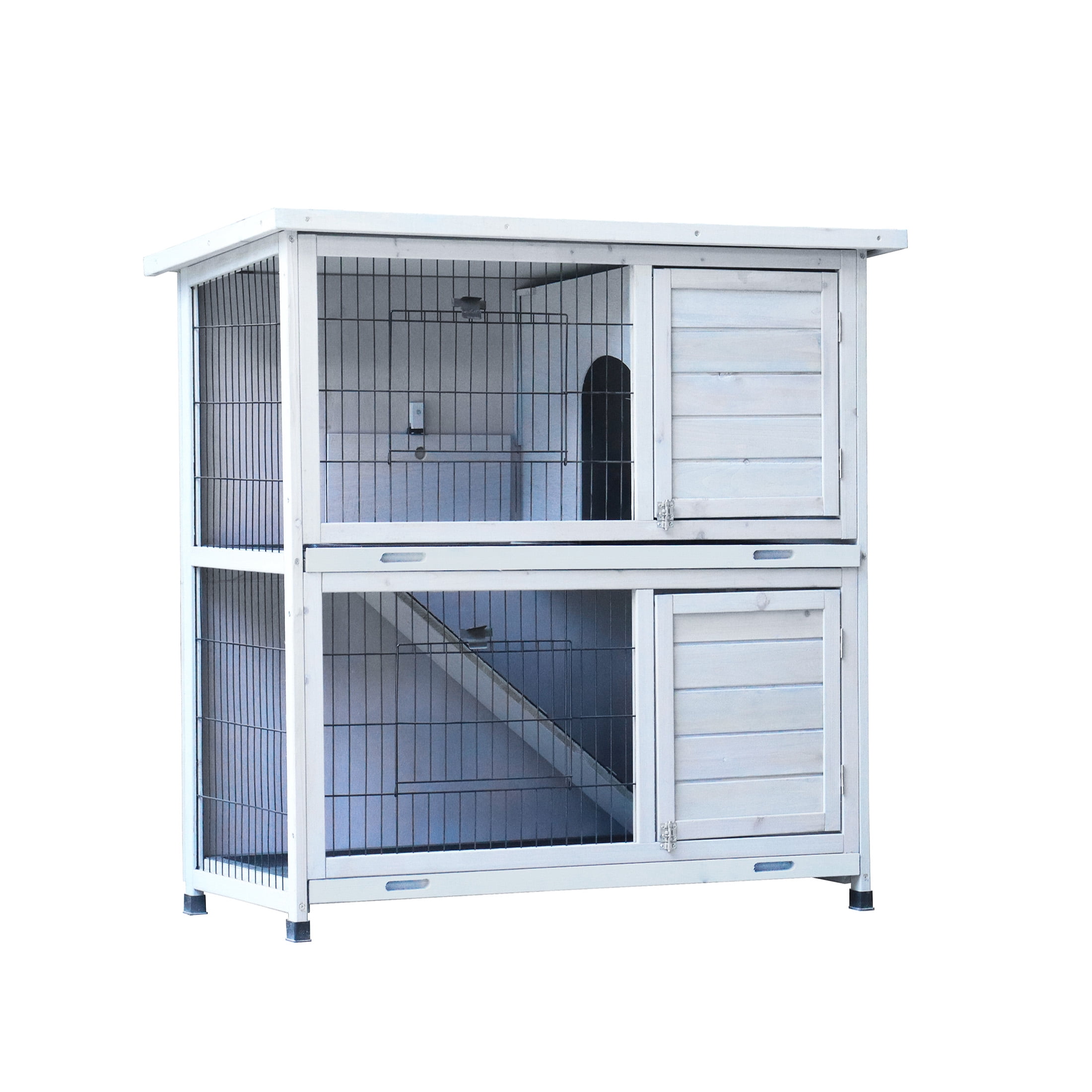 JERFIT Outdoor Rabbit Hutch with Run, 2-Story Wooden Bunny Cage with Waterproof Roof, 2 Pull-Out Trays, No-Slip Ramp for Rabbits & Small Animals