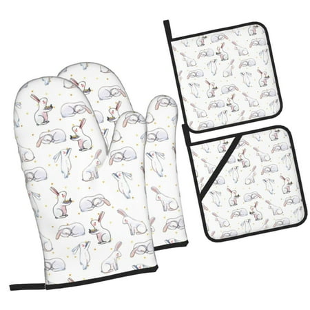 

Haiem Rabbit Eating Print Extra Long Oven Mitts and Pot Holders 4pc Sets: Heat Resistant Silicone Oven Mittens with Mini Oven Gloves and Hot Pads Potholders