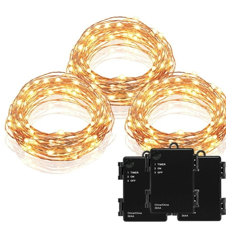 Kohree 3 Pack Micro 30 LEDs Super Bright Warm White Decor Rope Lights Battery Operated on 10 Ft Long String Copper