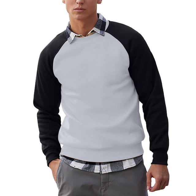 Leodye T-Shirts de Sport Décontractés Ajustés pour Hommes Manches Longues Raglan Col Rond Baseball T-Shirts de Mode color Block Argent TG(TG)