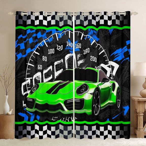 jejeloiu Speed Sport Car Black Out Curtains,Extreme Racing Game Curtains Pack of 2 (42x63 Each),Black White Green Bedroom Curtains For Kids,Microfiber Bedroom Decor