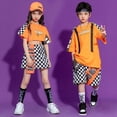 thumbnail image 2 of Traje de baile de hip hop naranja para niños, disfraces de actuación en el escenario para niños, ropa de actuación en equipo con costuras contrastantes para niñas, 2 of 5