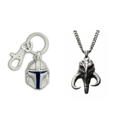 Official STAR WARS SET Mandalorian Mythosaur Skull Pendant NECKLACE + Mando HELMET KEYCHAIN, Officially Licensed Combo Pkg