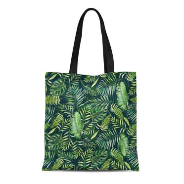 ASHLEIGH Canvas Tote Bag Colorful Green Palm Leaves Watercolor Hand Tropical Jungle Foliage Reusable Shoulder Grocery Shopping Bags Handbag