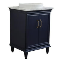 25 in. Single Wooden Vanity  Blue with White Carrara Round Sink