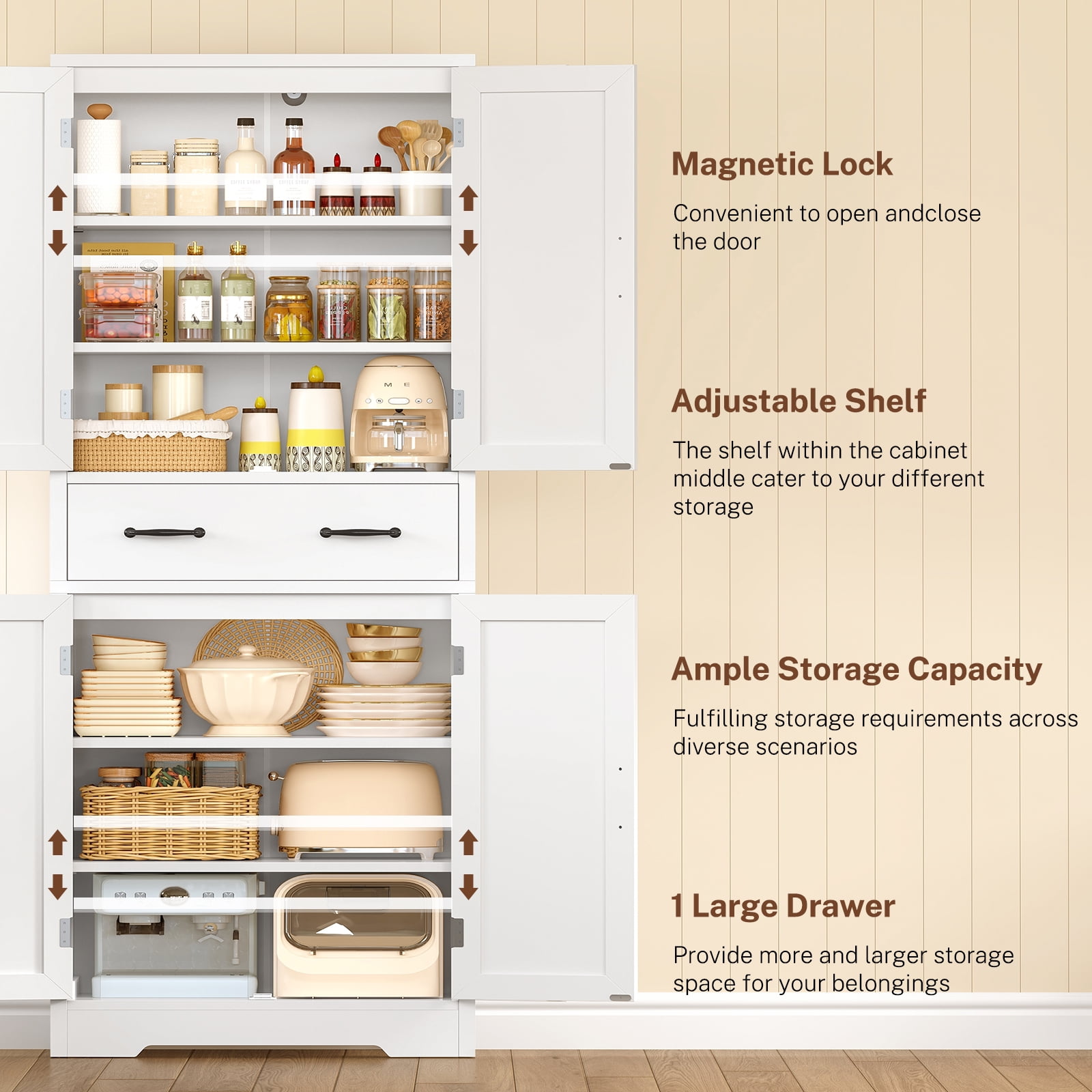 Tall Storage Cabinets with 2 Adjustable Shelves & 2 Drawers, Kitchen Pantry Cabinets, Bathroom Cabinets with 4 Doors, for Living Room, Kitchen, Bathroom, White