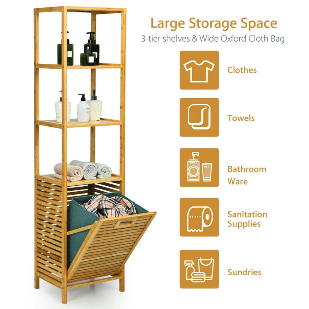 Finihen Bathroom Storage Cabinet, Bathroom Floor Cabinet, Bamboo Tower Hamper Organizer with 3-Tier Storage Shelves, for Bathroom, Living Room, Bedroom, Kitchen, Natural Finihen Bathroom Storage Cabinet, Bathroom Floor Cabinet, Bamboo Tower Hamper Organizer with 3-Tier Storage Shelves, for Bathroom, Living Room, Bedroom, Kitchen, Natural