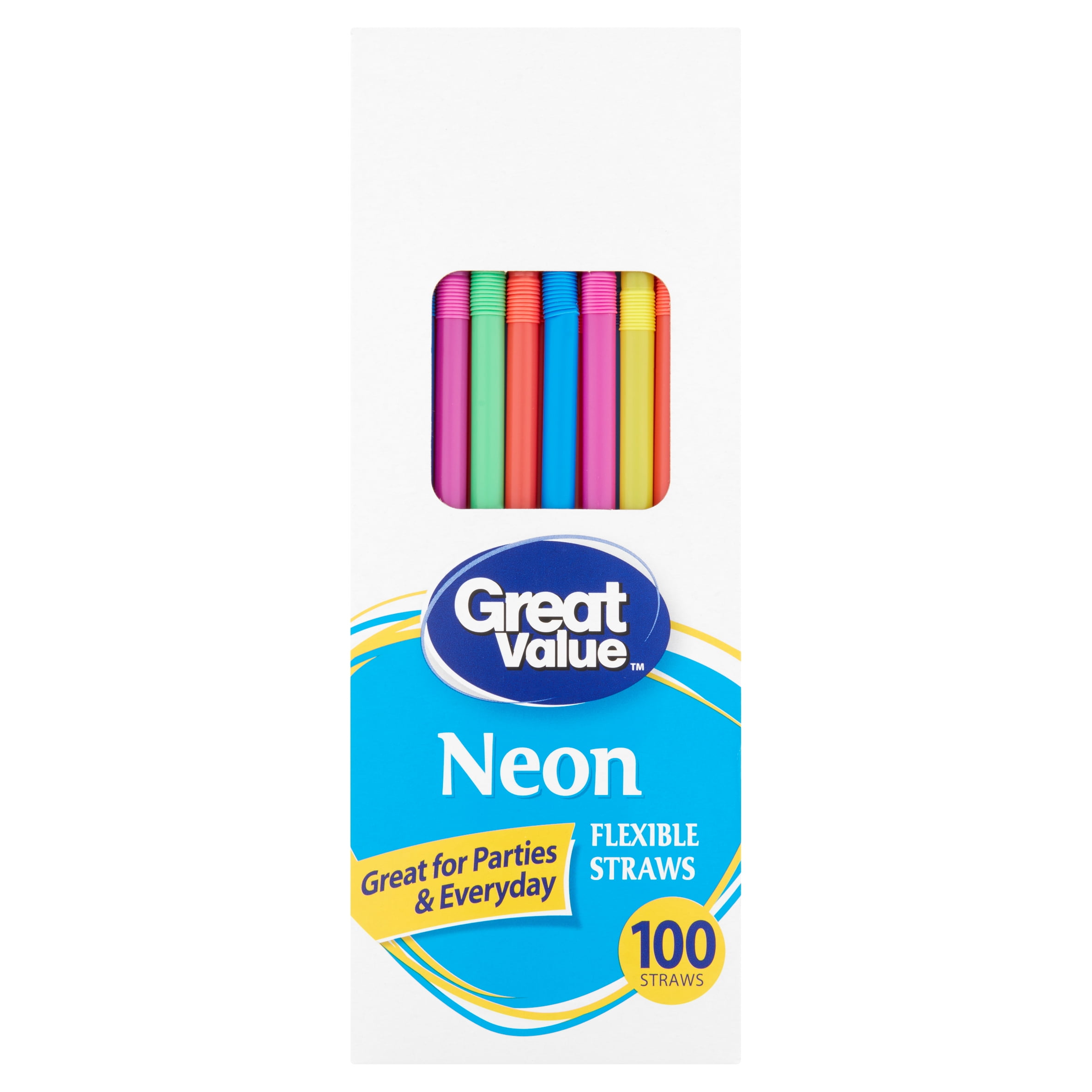 Great Value Plastic Flexible Straws, Neon Colors, 100 Count