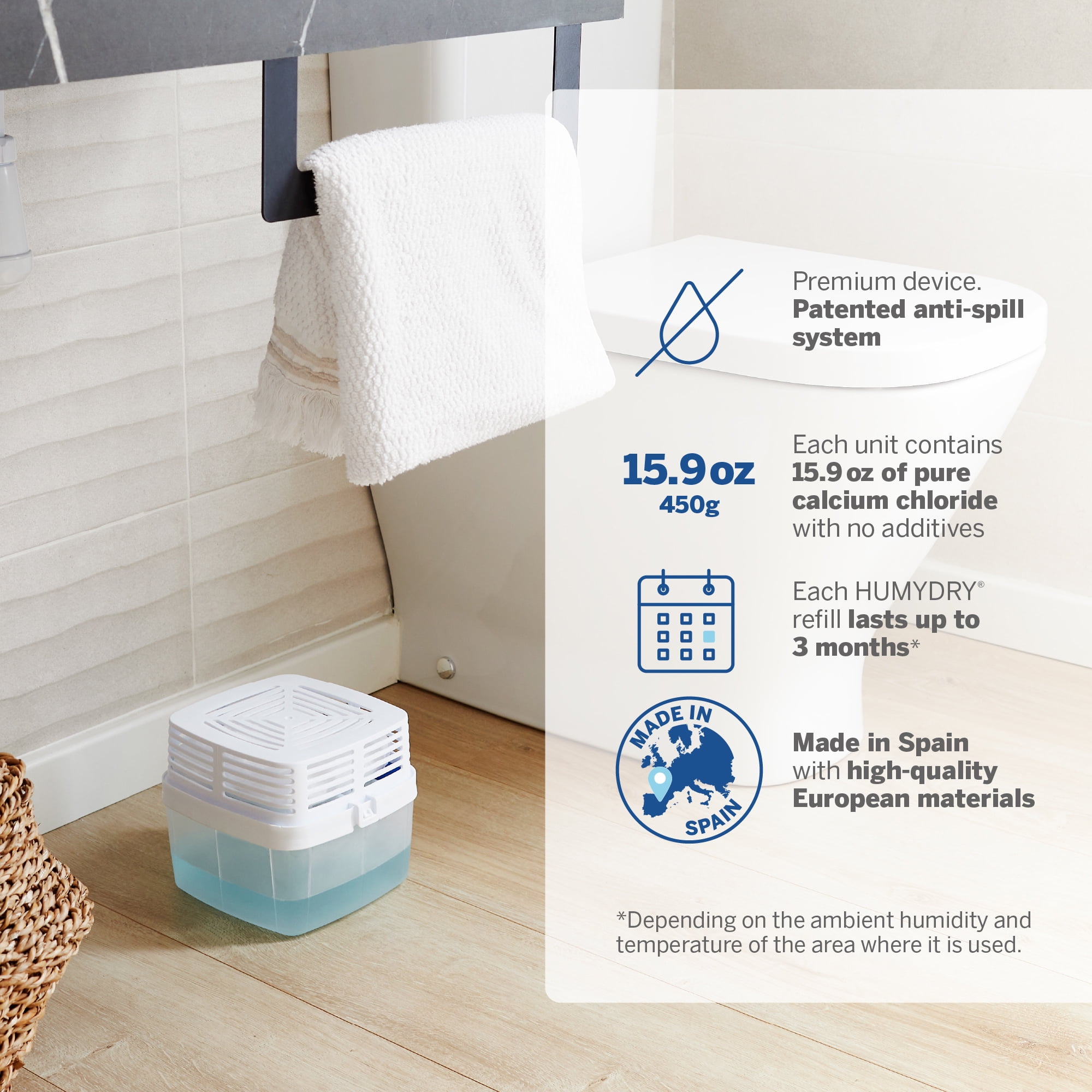 HUMYDRY Moisture Absorber Dehumidifier Device for Home, Premium Pack Of 1 Device of 15.9 Oz With 3 Pre-Measured Refills, Unscented Humidity Absorber For Closets, Bathroom and Medium Enclosed Spaces