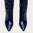 thumbnail image 4 of FSJ Women Chic Thigh High Boots Double Buckle Pointed Toe Side Half Zipeer Kitten Heel Over The Knee Boots Size 6.5 Navy Leather, 4 of 5