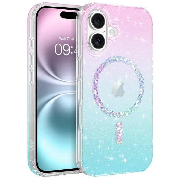 YINLAI iPhone 16 Case 6.1",Supported Mag-safe Glitter Sparkle Phone Case,Slim Tpu Transparent Shockproof Protective Case for iPhone 16,Pink-Blue