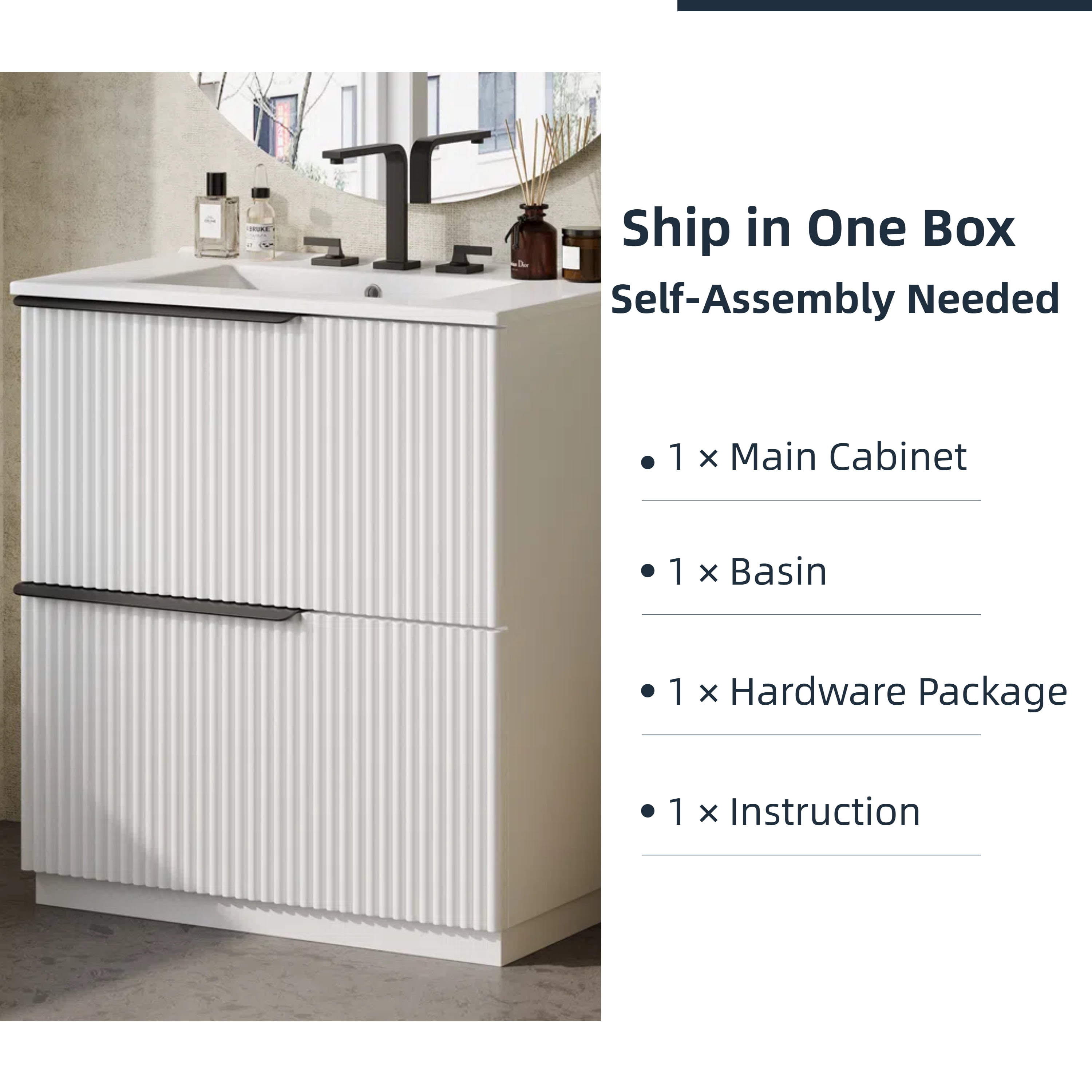 30" Bathroom Vanity with Ceramic Sink and Full-Extension Drawers, Freestanding Bathroom Vanity with Soft Close Drawer Slides, Fluted Design, White