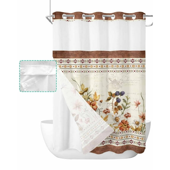 No Hook Shower Curtain with Snap in Liner, Fall Rustic Brown Flowers and Leaves Wood Grain Hotel Shower Curtains for Bathroom, Washable Shower Curtain Liner Set with Mesh Top Window, 60"x72"