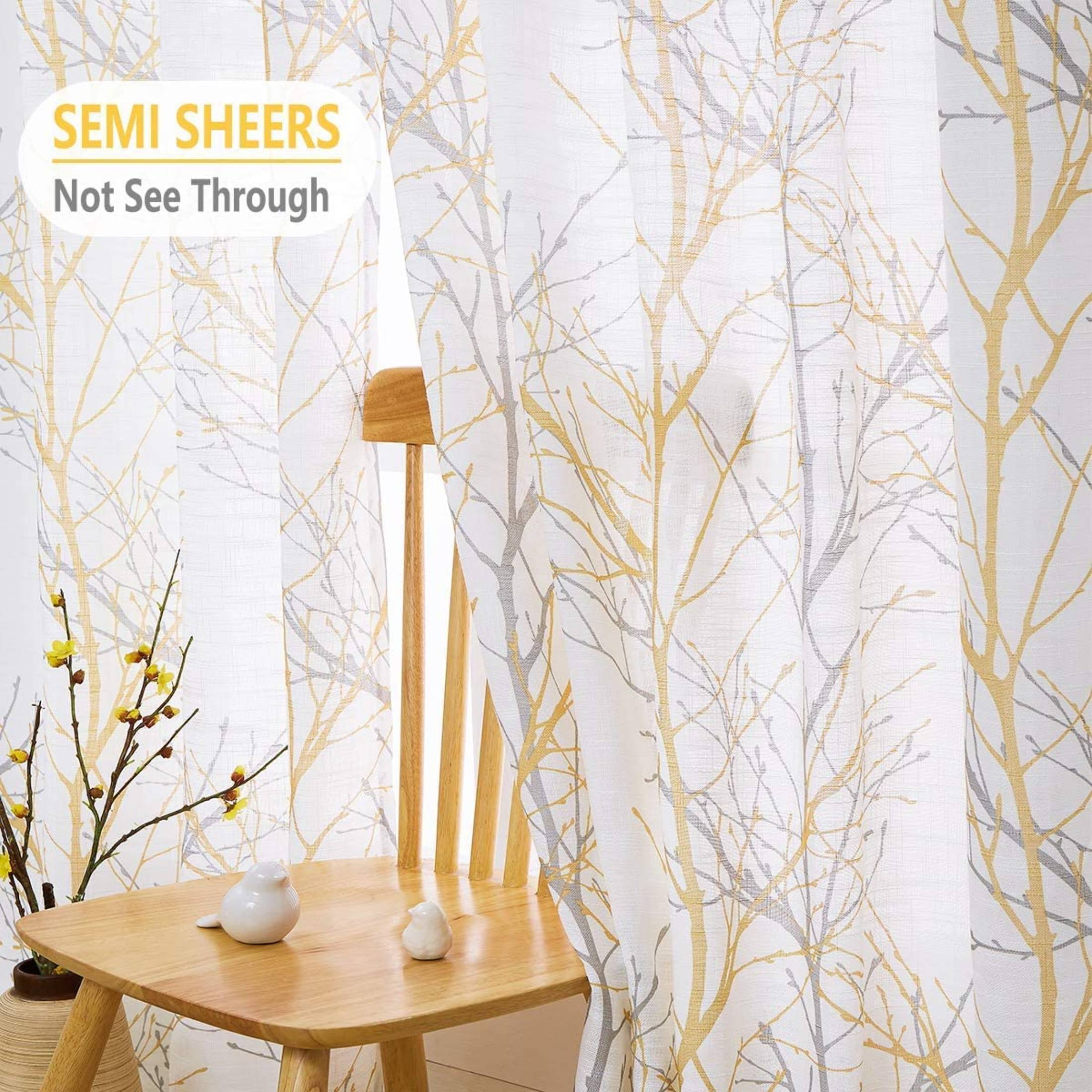Decoultimatex White Semi Sheer Curtains Yellow Grey Branches Printing on Linen Textured White Window Treatment Panels for Living Room Bedroom Drapes, 50"x96"x2