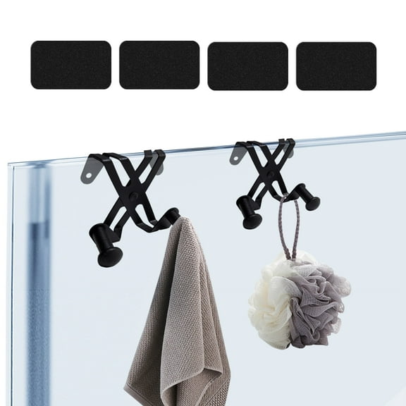 FT HITA Shower Door Hooks，2 Pack Double Hooks for Bathroom Frameless Glass Door，Heavy Duty Stainless Metal Bathroom Hanger without Perforation
