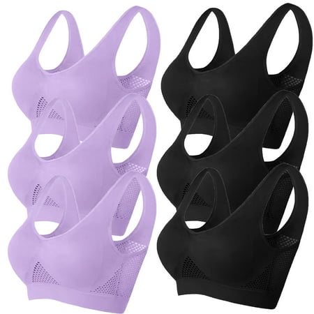 TrendVibe365 Sports Bra Women Pack of 6 Mesh Wireless Push up Bralettes Padded U Back Wide Strap Supportive Bustier Full Coverage Crop Tank Top Comfy Lingerie Black L