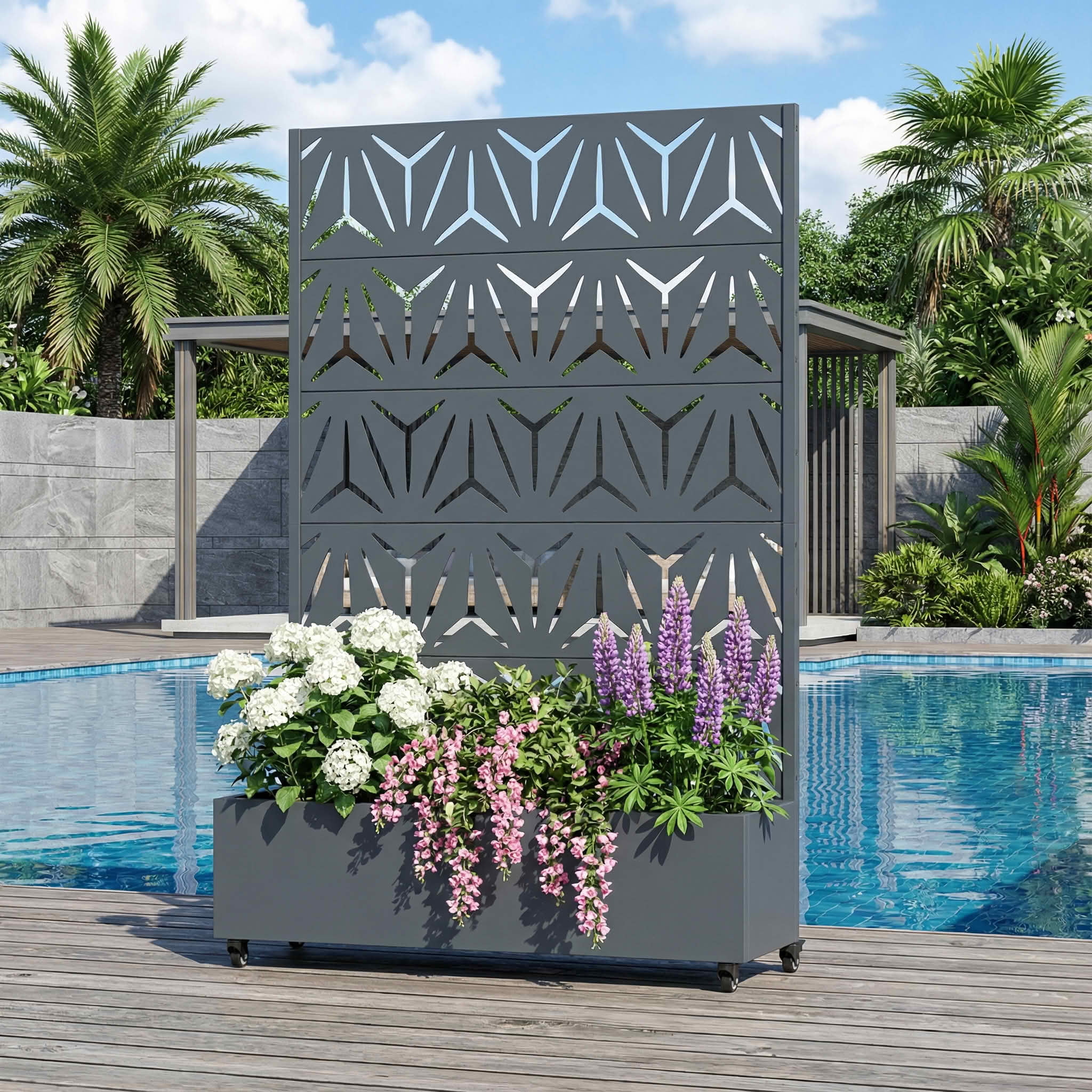 MAYEERTY 72X47" Metal Outdoor Cambrian Gray Privacy Screen with Planter Box for Backyard & Garden, 5 Piece Set