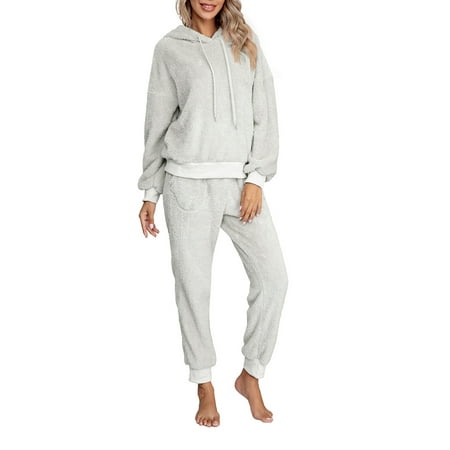 

Womens Fleece Pajamas Outfits Long Sleeve Sweatsuit Pullover Hoodie Solid Color Tops Pants Sleepwear Tracksuit Clothes