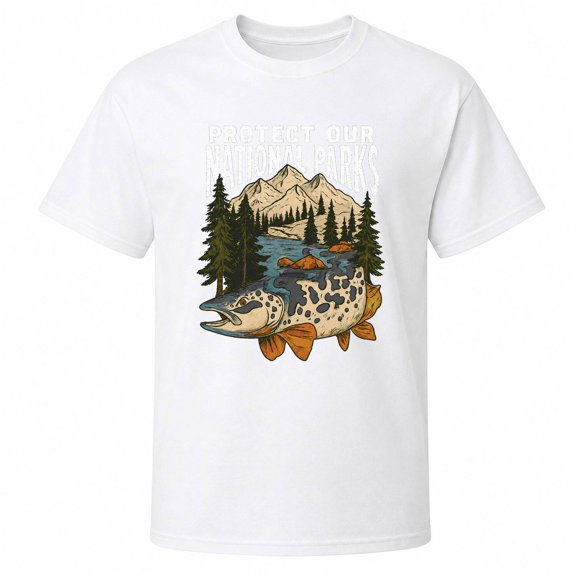 Protect Our National Parks Trout, River, Pine Trees and Mountains Graphic T-Shirt, Unisex Classic Fit, 180 GSM
