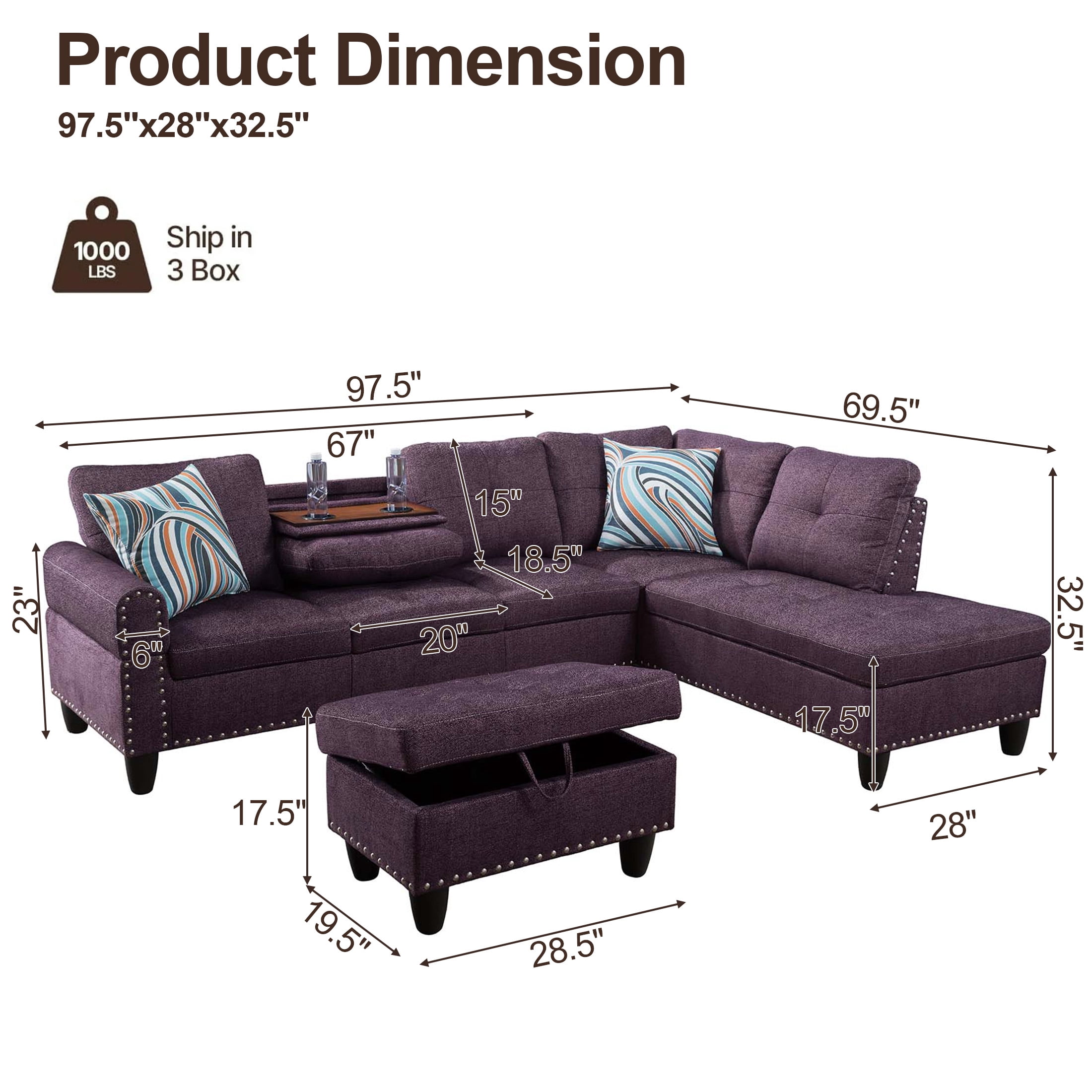AENKYO 98" L-Shaped Sectional Sofa with Reversible Chaise, Storage Ottoman & Cup Holders, Linen, Purple