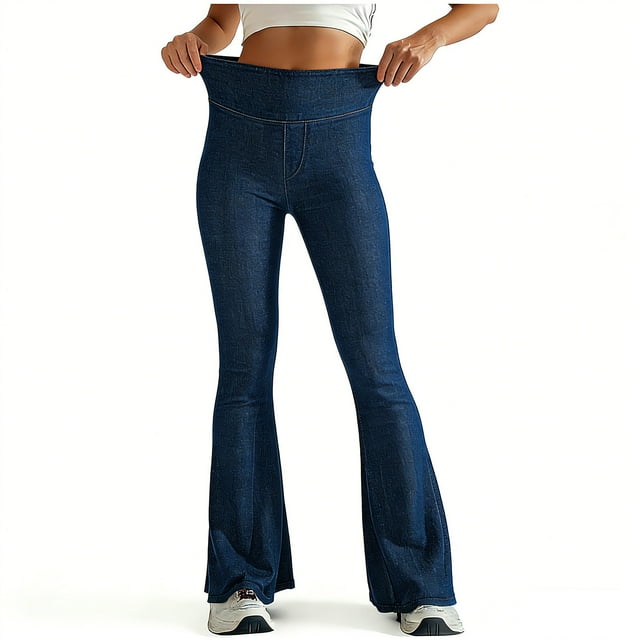 Pincandy Women's Solid Color Stretch Denim Leggings - 2 Pockets, Loose Skinny Fit with Flared Hem, Perfect for Gym, Workout & Casual Wear