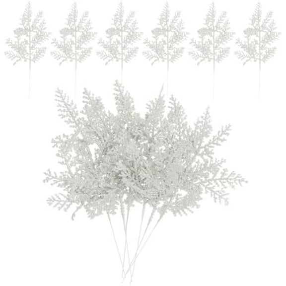 10 Inch Artificial Pine Needles, 24 Pcs Glitter Pine Stems Christmas Branches Fake Floral Twig Leaves Faux Cedar Picks Sprays for Tree Bouquet Wedding Wreath Greenery Decor, White