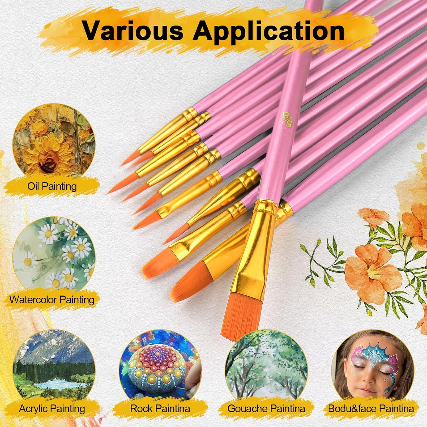 JJEAN-Acrylic Paint Brushes Set, 50Pcs Round Pointed Tip Artist Paintbrushes for Acrylic Painting Oil Watercolor Canvas Boards Rock Body Face Nail Art, Halloween Pumpkin Ceramic Crafts Supplies��Pink
