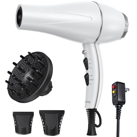 NEXPURE Hair Dryer, 1875W Ionic Blow Dryer with Diffuser and Concentrator, Fast Drying Low Noise, 3 Heat & 2 Speed Settings, White