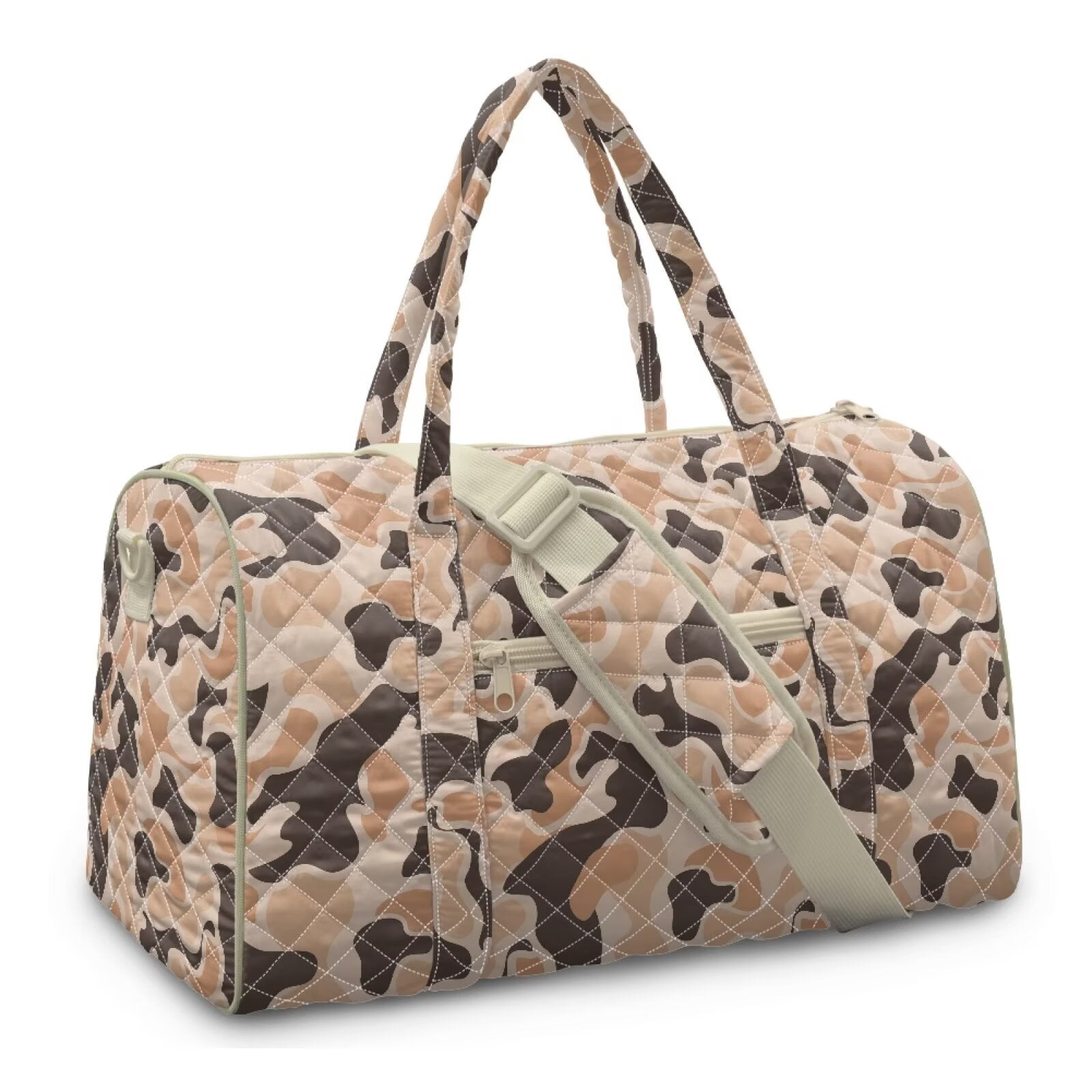 Garronmavis Large Camo Print Quilted Duffle Bag for Women, Weekender Travel Bag Carry On Overnight Bag, Fashion Gym Dance Tote with Zipper Pockets for Travel Work Workout