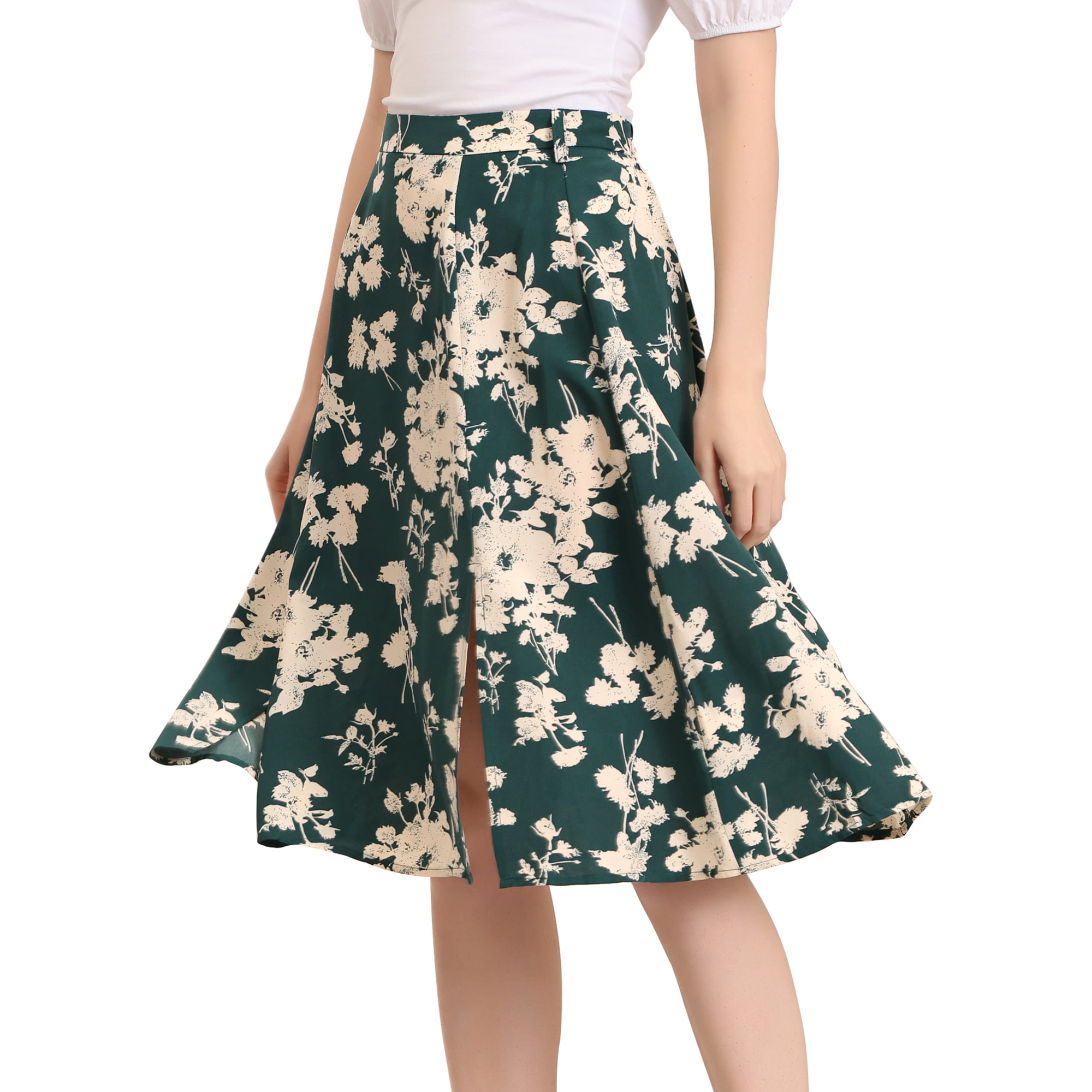 Slits Front High Waist A Line Belted Floral Flowy Midi Skirt Green S