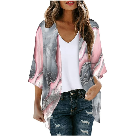 Virmaxy Lightweight Cardigans For Women Long Sleeve Printing Casual Tops Blouse With Pocket Cardigan Pink-A XS