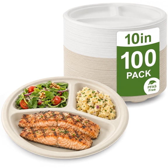 PUCACHI 3 Compartment Paper Plates, 10 in 100 Pack Heavy Duty Disposable Sugarcane Bagasse Plates, Microwave Safe for BBQ, Picnic, Party and Catering