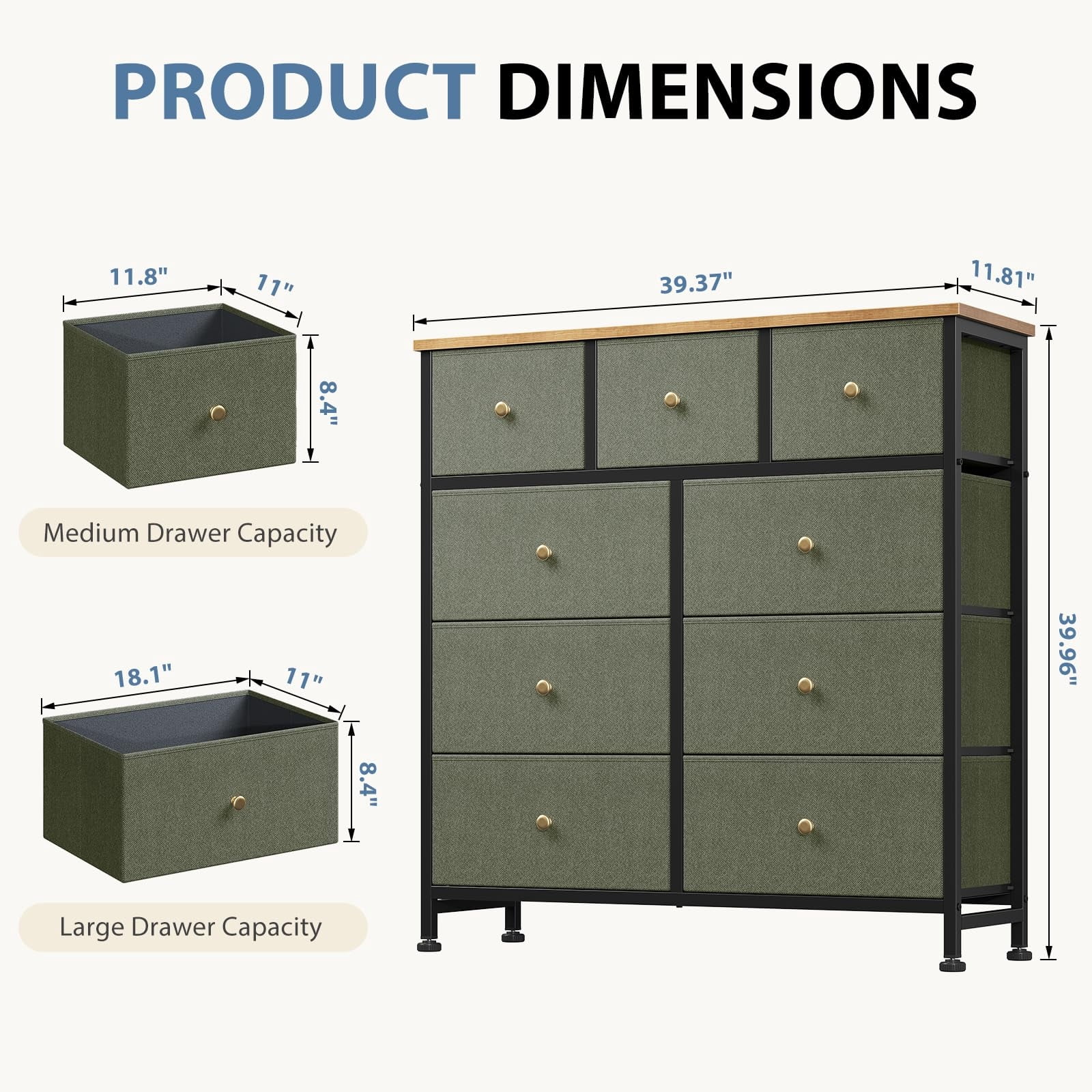 Telyra 9-Drawer Fabric Dresser Tall Storage Tower with Wood Top and Steel Frame Bedroom Closet Organizer, Greyish Green