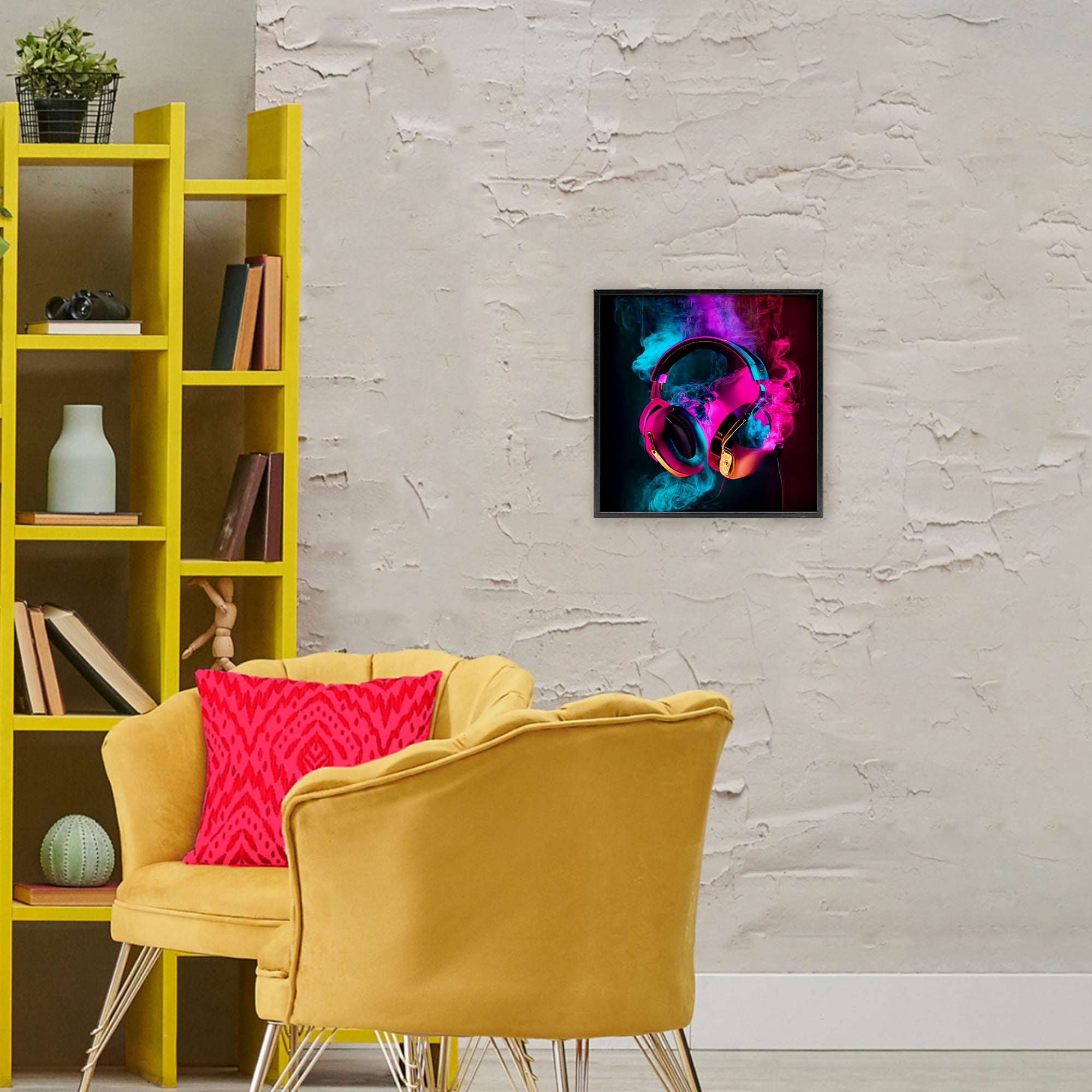 Power Play Pink & Blue Headphones Black Framed Giclee Art, design by Sasha
