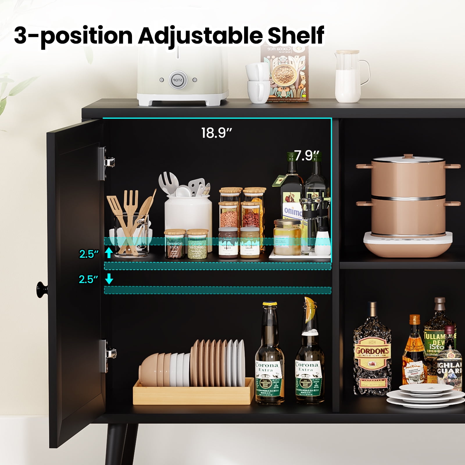 Aukfa Rattan Sideboard Buffet Cabinet,Accent Cabinet with Doors & Shelves for Kitchen, Living Room,Black