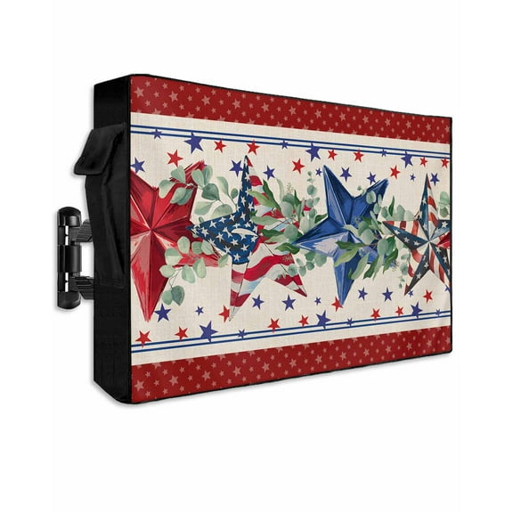 Red 4th of July Outdoor TV Cover 30 to 32 Inch Weatherproof, Independence Day Star Vintage 600D Oxford TV Covers with Waterproof Zipper, Outside Flat TV Screen Protector Size 30"W x 19"H x 4.5"D